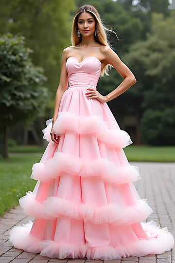 Rosa En linje Älskling Nivåer Lång Tyll Balklänning med Ruffles